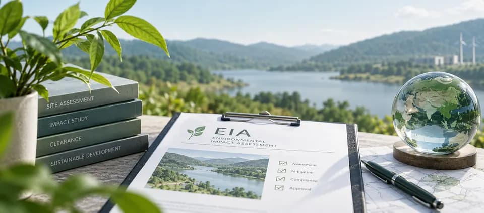 Illustration of an environmental impact assessment overlooking a lake