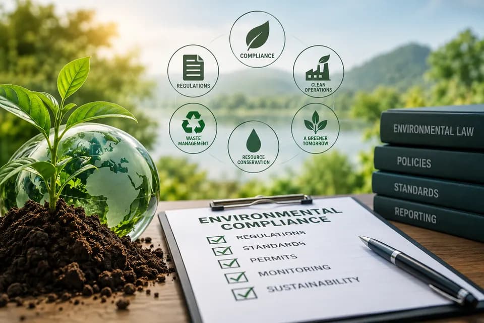 Illustration of environmental compliance documents, green plants and a globe
