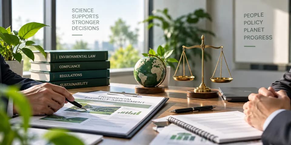 Illustration of environmental reports and scales of justice on a meeting table