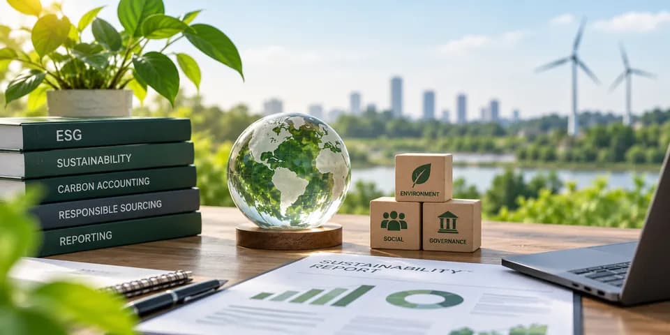 Illustration of sustainability reports, a globe and ESG blocks